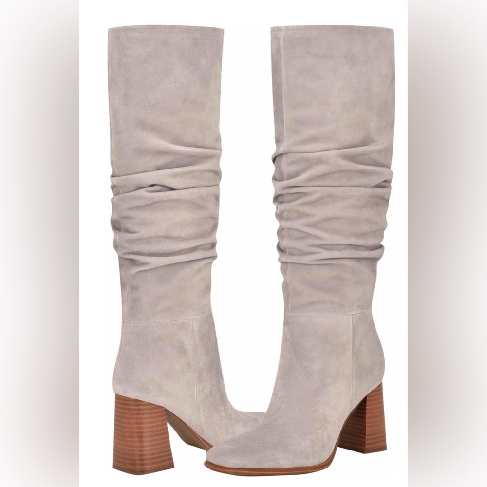 NINE WEST Grey Domaey Slouchy Stacked Block Heel Wide Calf Dress Boots  5M NWT